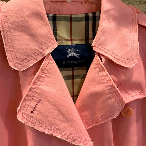 Burberry Lt Pink Raw Edge Trench Coat Cotton Linen Nova Check Plaid Lined Sz 4
